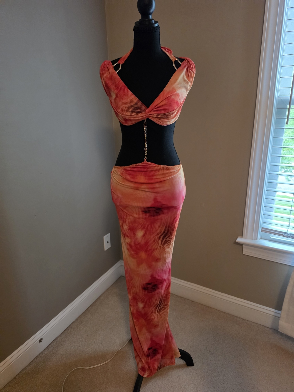 Tie-Dye Orange Pink Halter Cutout Maxi Dress Worn Once